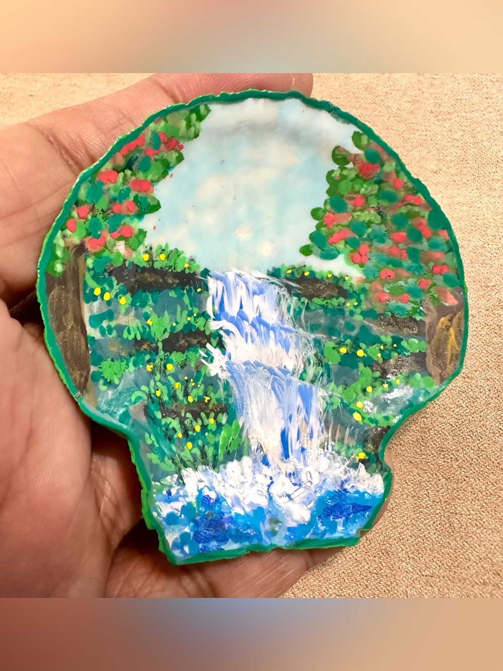 Handmade Double-Sided Painted Seashell Art Display with Stand